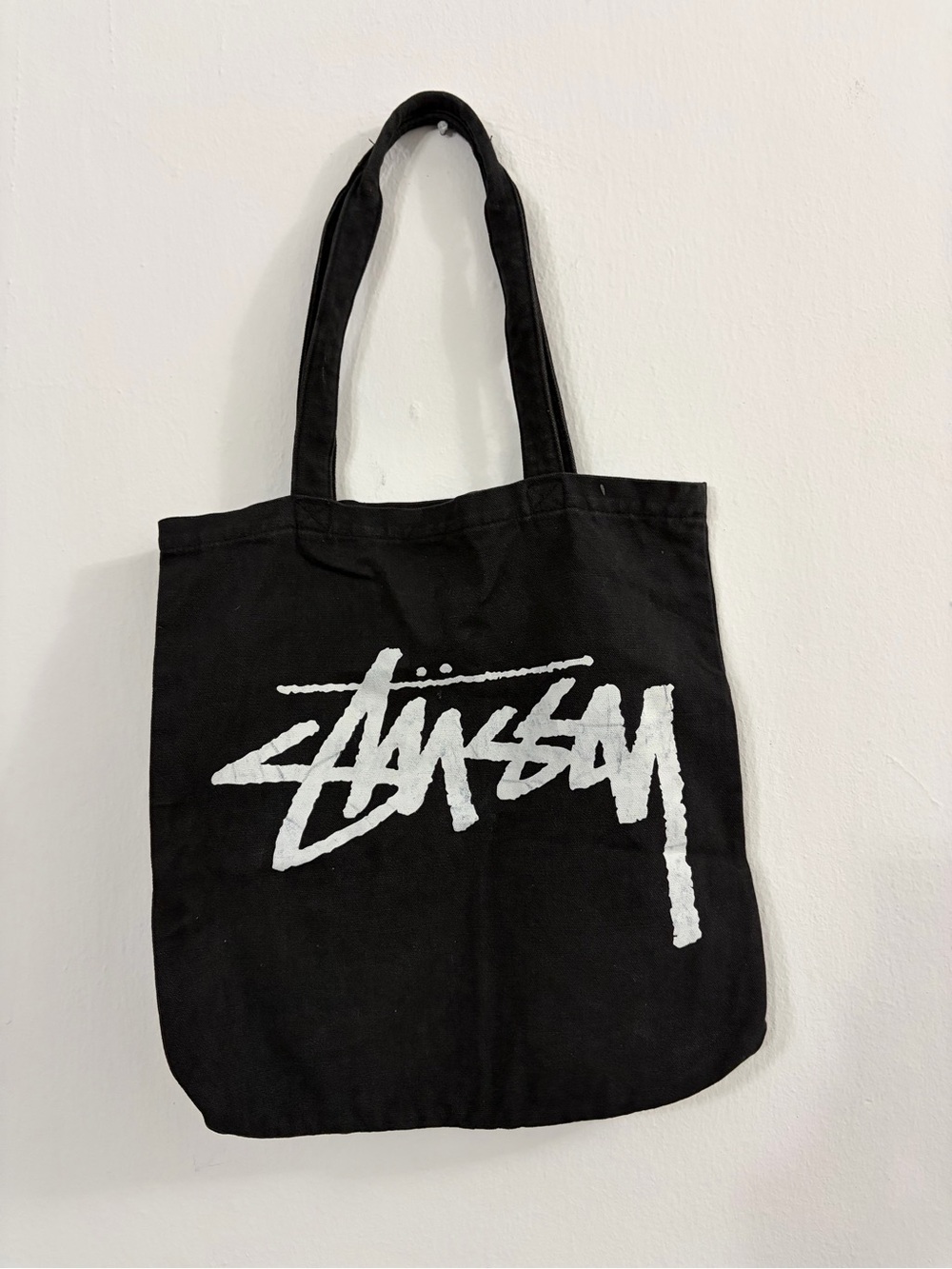 ⁠Stussy Big Stock Logo Canvas Tote Bag Black Cotton Shoulder Book Bag Streetwea